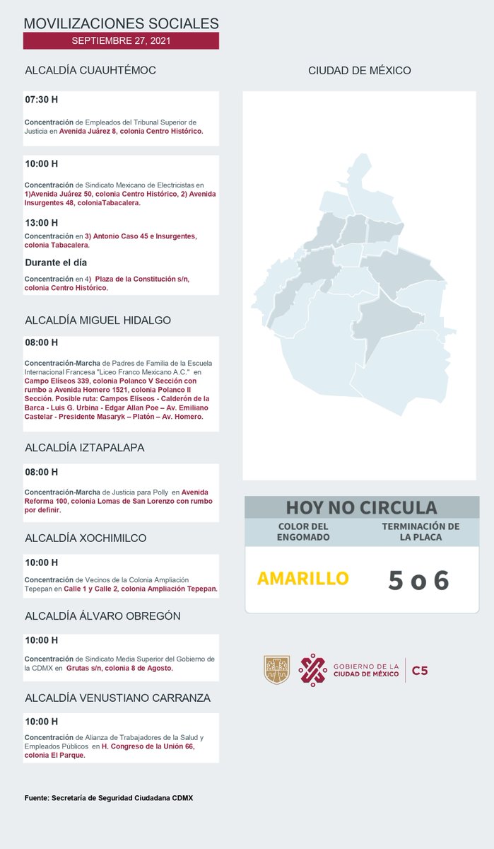 ⚠️ 📢Te compartimos las movilizaciones sociales previstas para este día en la CDMX. 

#MovilidadCDMX 
#C5