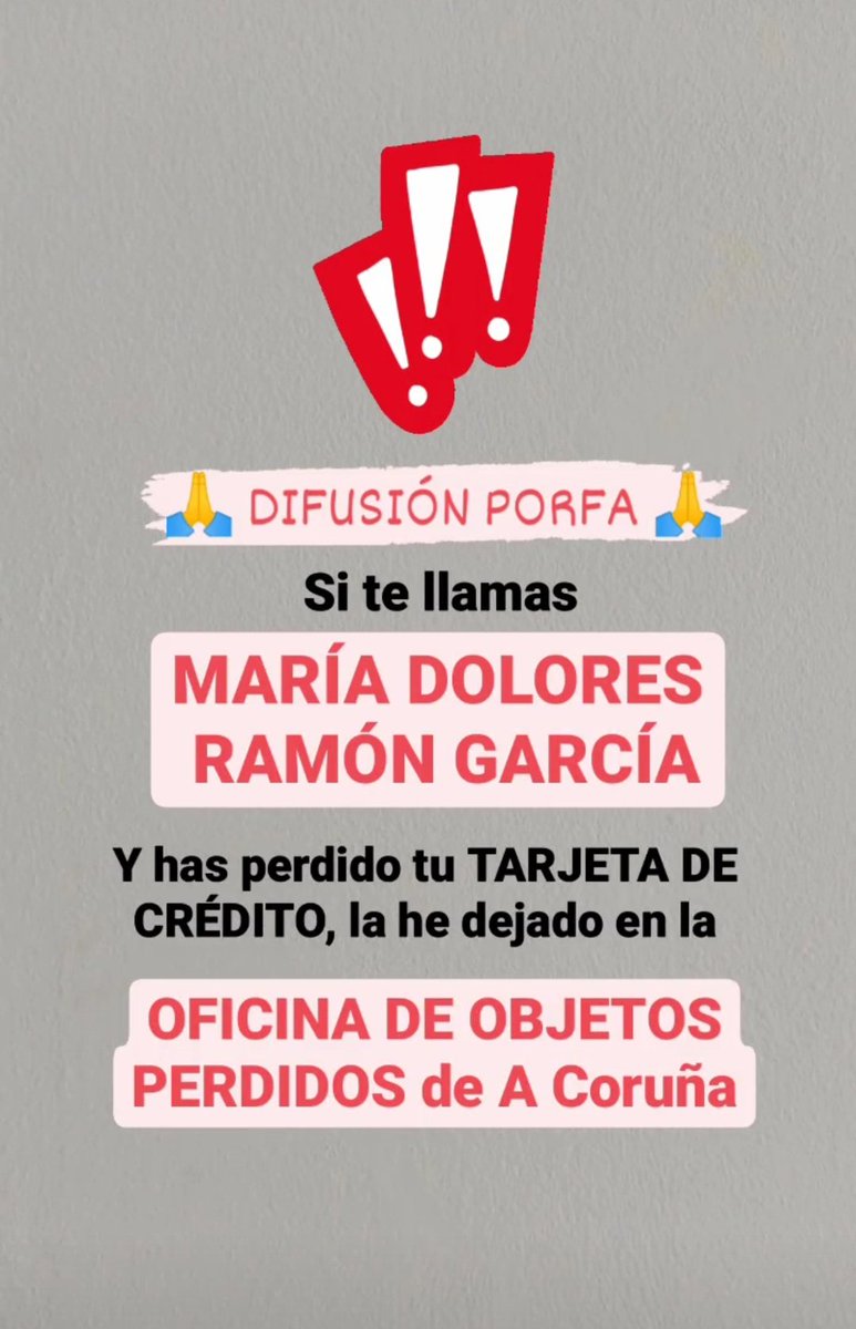 desisaurio_rex's tweet photo. IMPORTANTE

Me he encontrado una tarjeta de crédito por la calle en A Coruña, y a lo largo de la tarde la voy a dejar en la oficina de objetos perdidos https://t.co/uNNJl99oJg