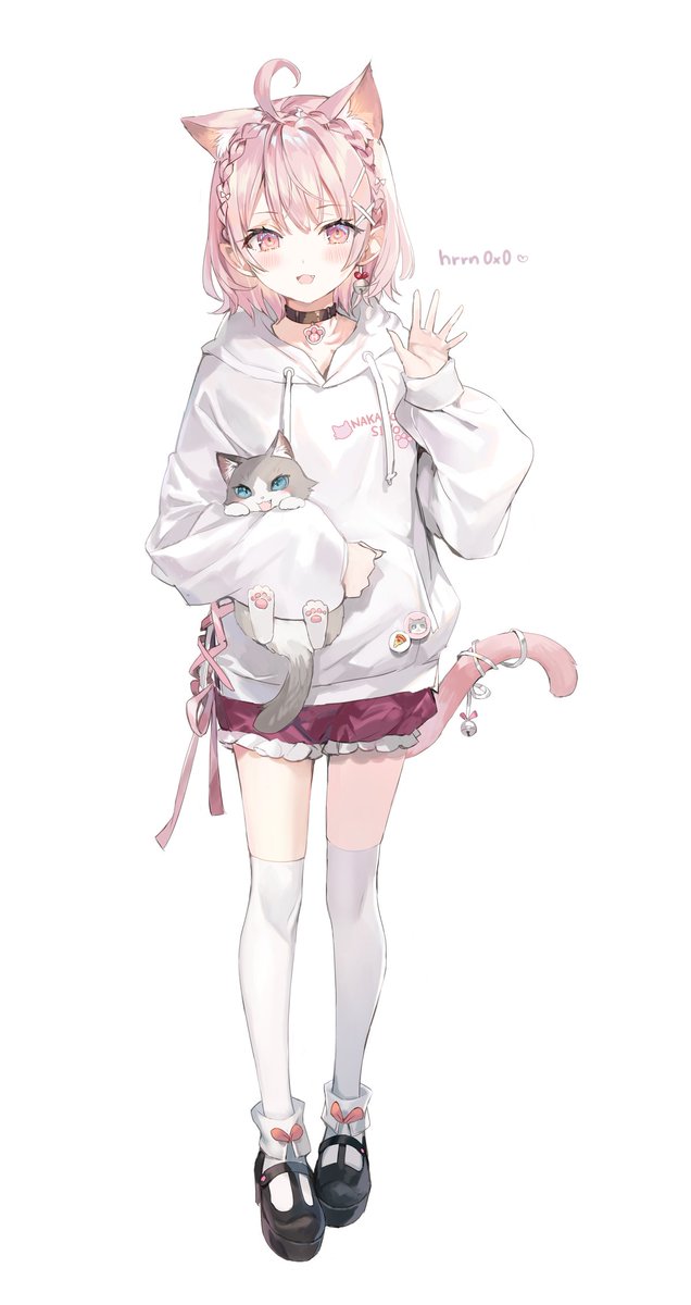 1girl pink hair hoodie animal ears cat ears tail hood  illustration images