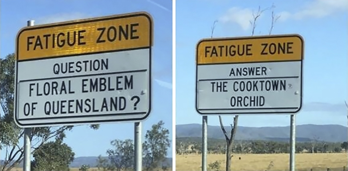 NaoCasanova's tweet photo. #LunesdeCarreteras

En Australia, entre Balladonia y Caiguna, hay una carretera con UNA RECTA DE 150 km de longitud.
Y eso es muy peligroso, mortal de necesidad.

Por eso se instalaron carteles con preguntas cuyas respuestas se muestran kilómetros después.
Un Road Trivia. https://t.co/sqXiQj3Aay