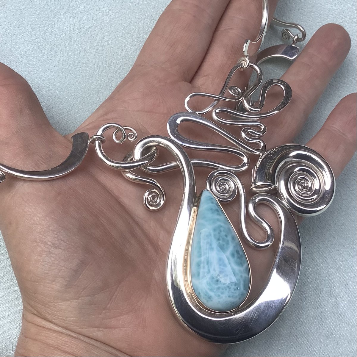 ChristinasWork's tweet photo. Been a while. Launching back with a #Larimar follow links on bio to my media to see more pics. #larimarjewellery #larimarpendant #spiral #spiraljewellery #larimarjewelry  #ooakjewellery #oneofakind #larimarnecklace https://t.co/zn7Q19AzsE