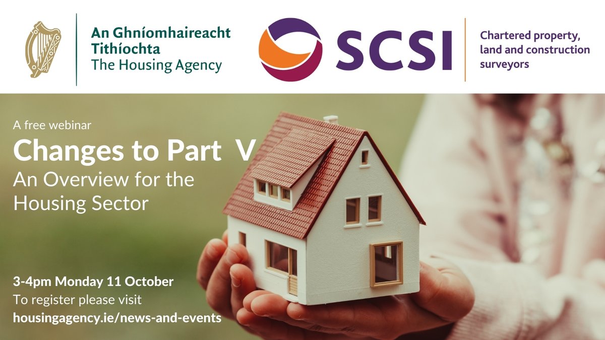 HousingAgencyIE's tweet photo. 🚨 Attention surveyors, valuers, developers, landowners, approved housing bodies and all involved in #PartV social and affordable housing.
@HousingAgencyIE and @SCSISurveyors will host a free webinar on changes to Part V on Mon 11 Oct.
To register visit https://t.co/B6vHbADy0W https://t.co/RXqhEKdQfS