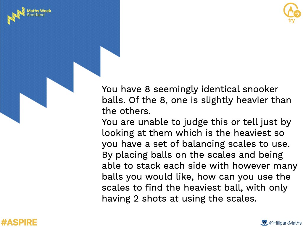 HillparkMaths's tweet photo. Here is the next in our series of daily challenges, including the solution for the problem we offered yesterday - well done to those who answered it correctly!
@HillparkSec #mathsweekscotland https://t.co/7YB4aFU2PB