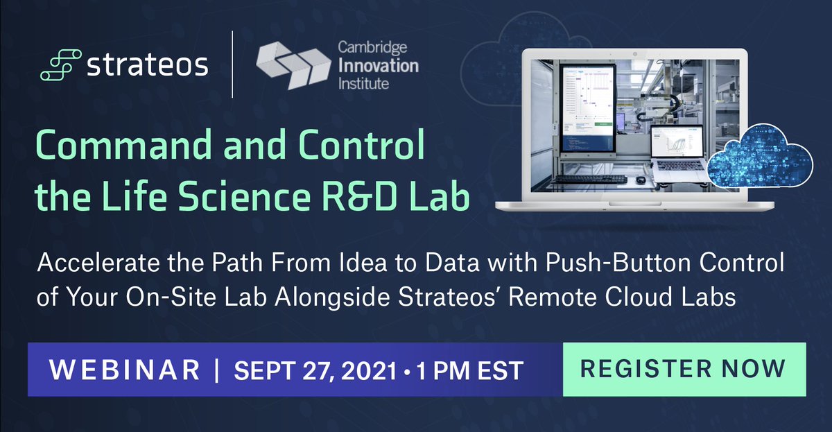 StrateosLab's tweet photo. Join us TODAY 10am PST during our webinar "Command and Control the #LifeScience R&amp;D Lab" to learn how Strateos Software can lead to significant improvements to both your #laboperations and facility control.

Register here: https://t.co/9FmtpJskyy

#labautomation #labsoftware https://t.co/tovJFDGmdl