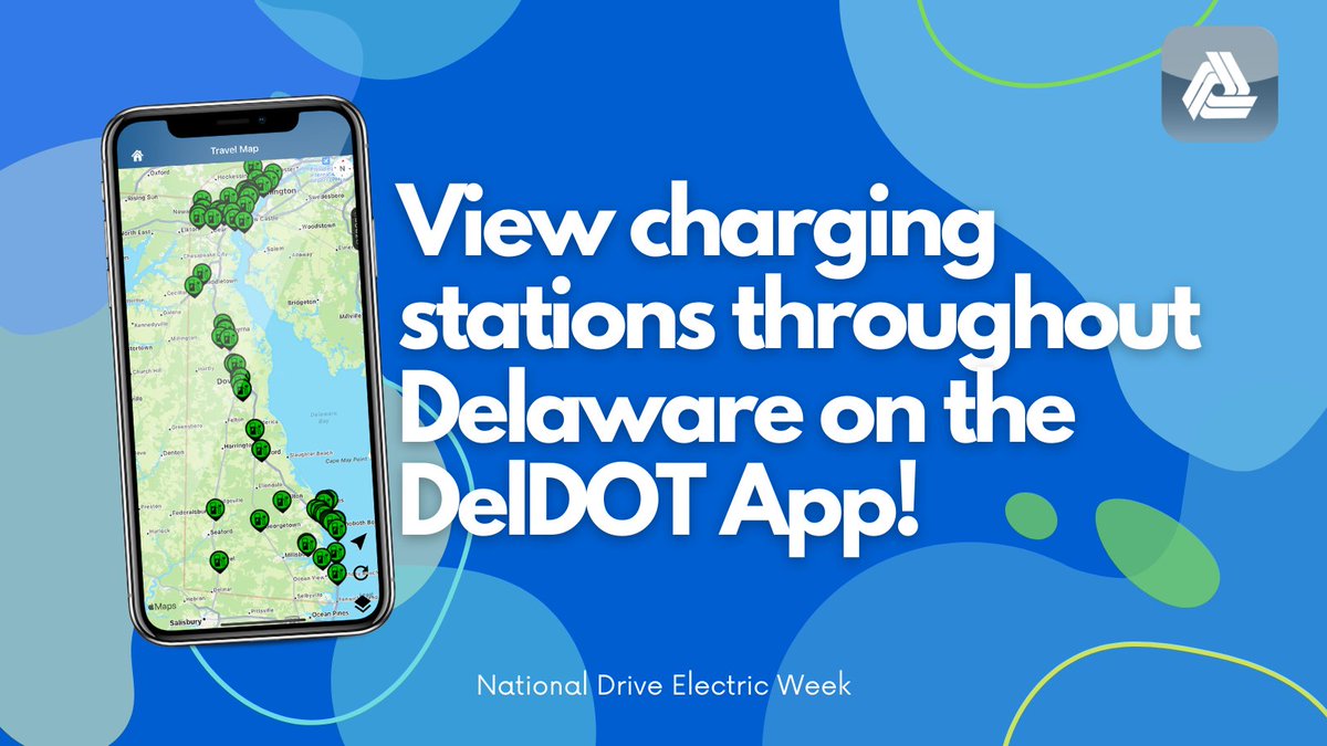 DelawareDOT's tweet photo. 💙🔌🚙🔋 It's National Drive Electric Week! There are many benefits of all-electric and plug-in hybrid cars, trucks, motorcycles, and more. Did you know you can view all the available charging stations throughout Delaware, right on the #DelDOTApp? #ItsElectric #NDEW2021 https://t.co/0ZhE7VVEPf