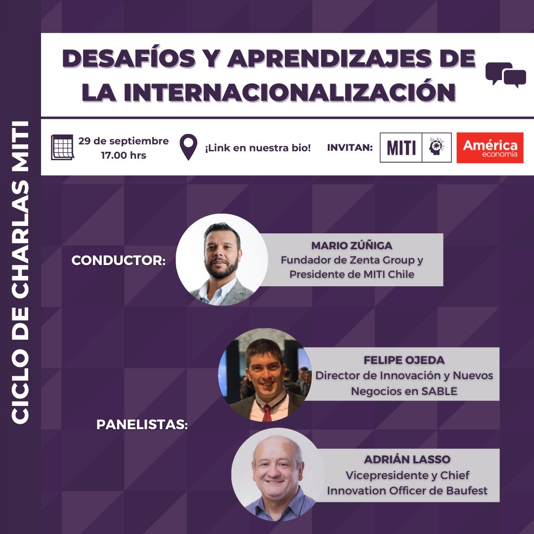 Este miércoles 29 de sept. los invitamos a la 1º de 4 charlas de #MITI, donde Mario Zúñiga, Adrián Lasso y Felipe Ojeda, compartirán sus principales aprendizajes y recomendaciones para abrir mercado en otros países.

buff.ly/3hJasL5