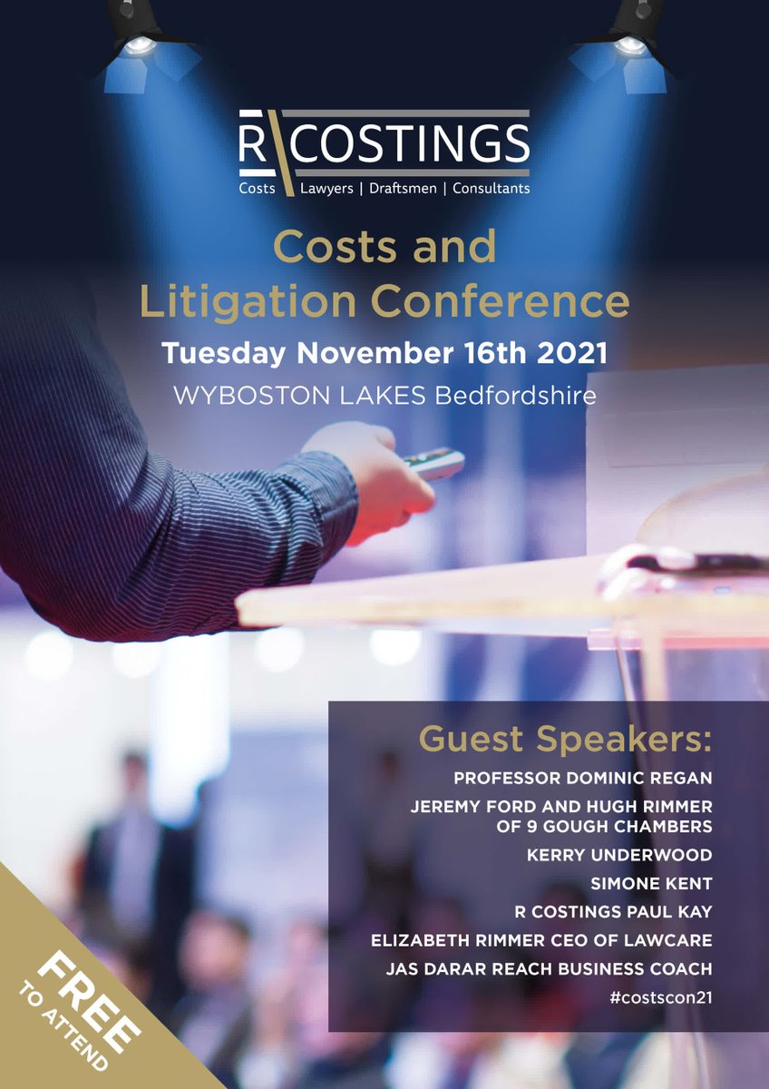 R Costings is delighted to be able to host our first free, in-person costs &amp; litigation conference with some fantastic guest speakers from the industry!

eventbrite.co.uk/e/r-costings-c…

#costscon21