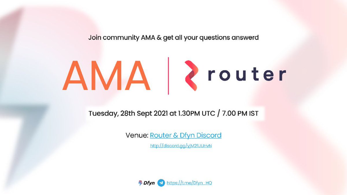 MumbaiCryptGirl's tweet photo. Join for upcoming community AMA and get all your questions answered 💫

📅 When: 28th Sept, 2021
⏰ Time: 1:30 PM UTC / 7:00 PM IST
📍 Venue: Router &amp; DFYN Discord (https://t.co/7ijXs4JICi) 

@_DFyn 
$ROUTE $DFYN
#RouterProtocol #Dfyn #AMA #Blockchain #Crypto https://t.co/GHzq8Wzs09