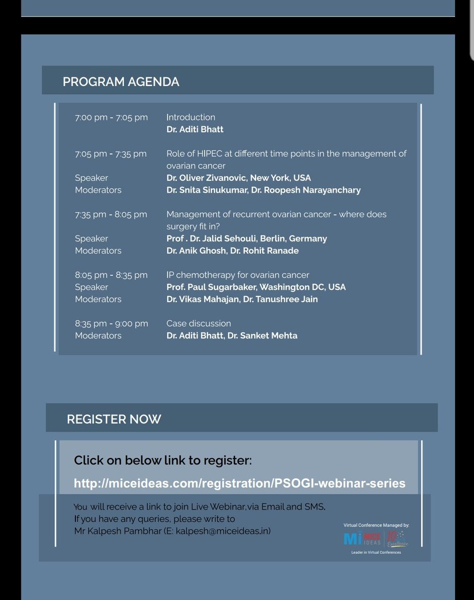 After @PSOGI2021 
We're back

Webinar 4 -locoregional therapies for advanced ovarian cancer

with @zivanovicmd 
#JalidSehouli @ChariteBerlin 
#PaulSugarbaker 

22nd October, Friday
7.00-9.00pm IST
3.30-5.30pm CET 
9.30-11.30am east. time

Register free at 
miceideas.com/registration/P…