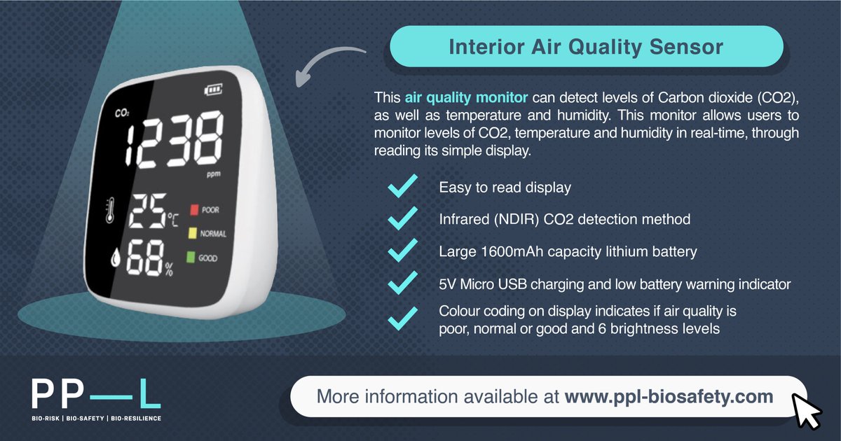 The Health and Safety Executive (HSE) has advised that CO2 monitors can help people to identify poorly ventilated areas.

Further information on PP-L's Interior Air Quality Sensor:  ppl-biosafety.com/product/interi…

#co2 #covid19 #ventilation #airborne #infectionprevention