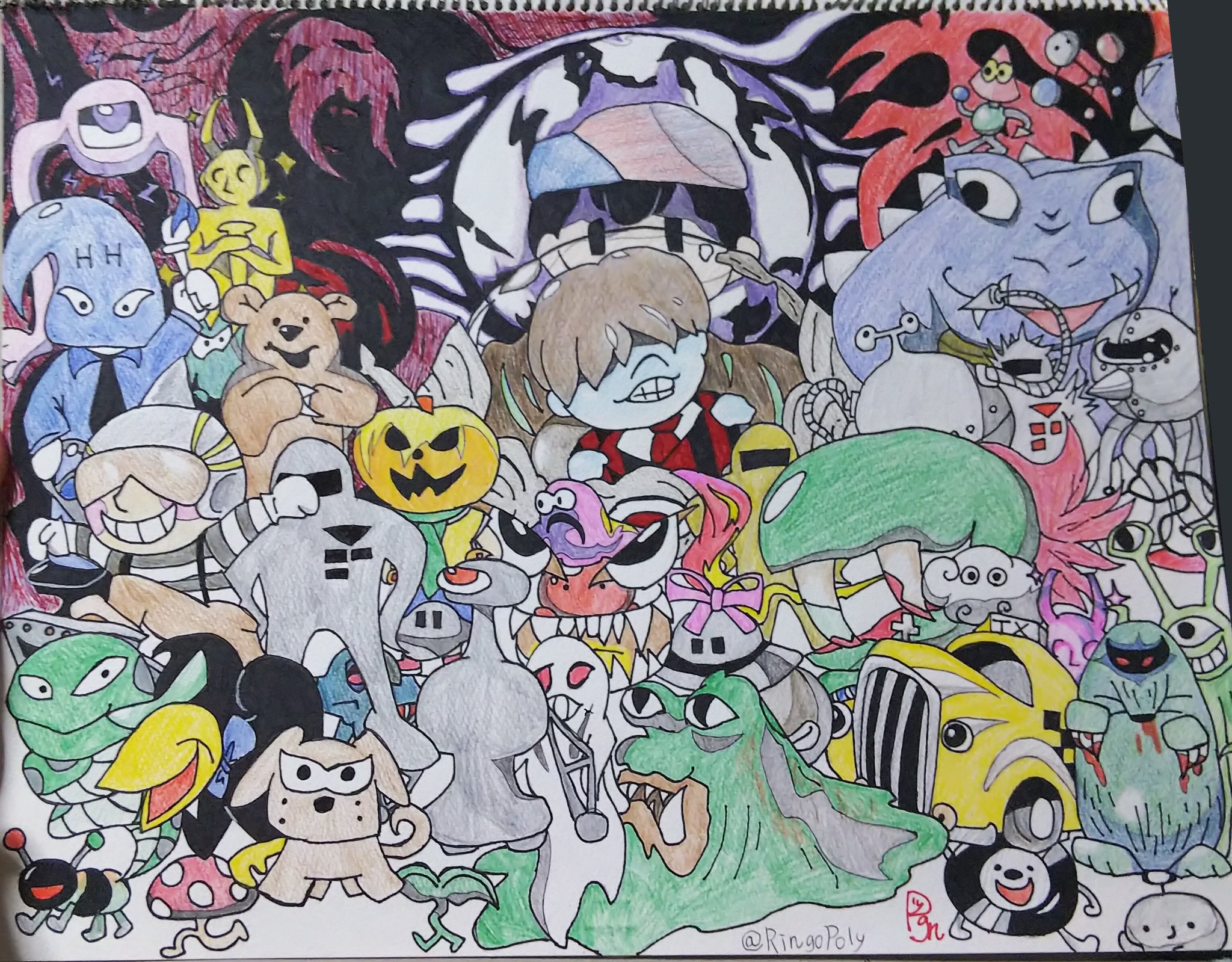 Poly Ringo บนทว ตเตอร 色塗り途中で終わってはや1 2年くらい放置してて やっと色塗り終わりましたぁぁぁあ Mother2の敵達です 色々な所に色々な敵が隠れてます ギーグと重装備ポーキーさん好きだったりする イラスト アナログイラスト 色鉛筆