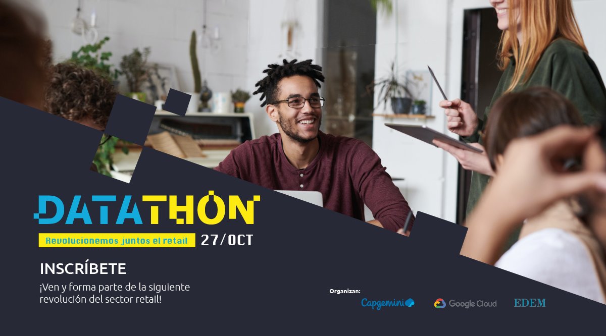 Capgemini_ES's tweet photo. El próximo 27 de octubre organizamos el primer Datathon organizado con @EDEMempresarios  y @GoogleCloud_ES .
El reto será encontrar una solución para un 'Sistema de recomendación de venta cruzada y productos similares' en el sector del #Retail. 
#DathatonRetail https://t.co/O52OZaamd4