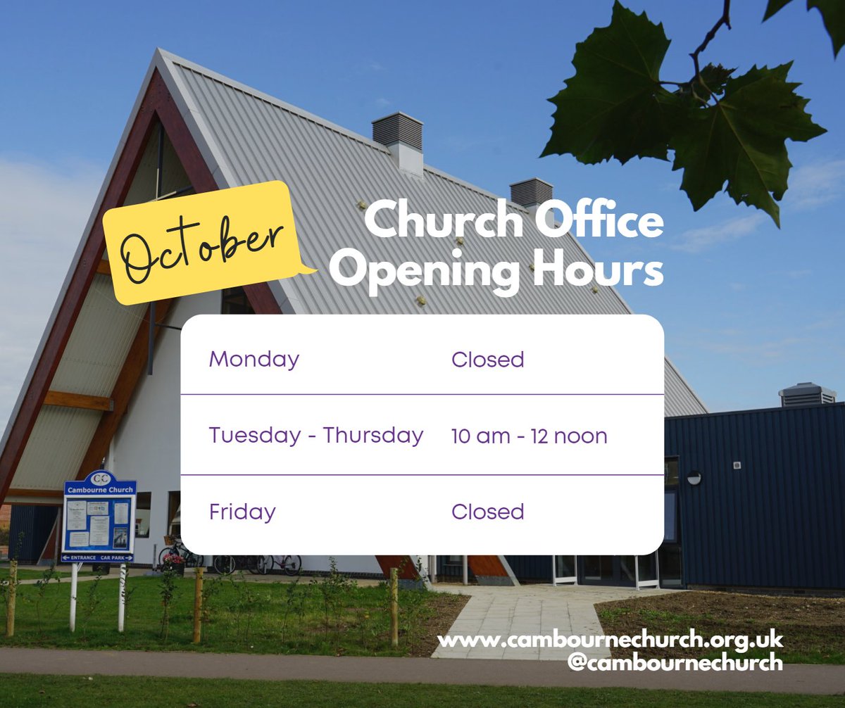 The church office hours will be changing to the school holiday hours during October. The office will be open on Tuesday - Thursday from 10am - 12 noon.
The office emails and answerphone will continue to be monitored every weekday and any urgent queries dealt with promptly.