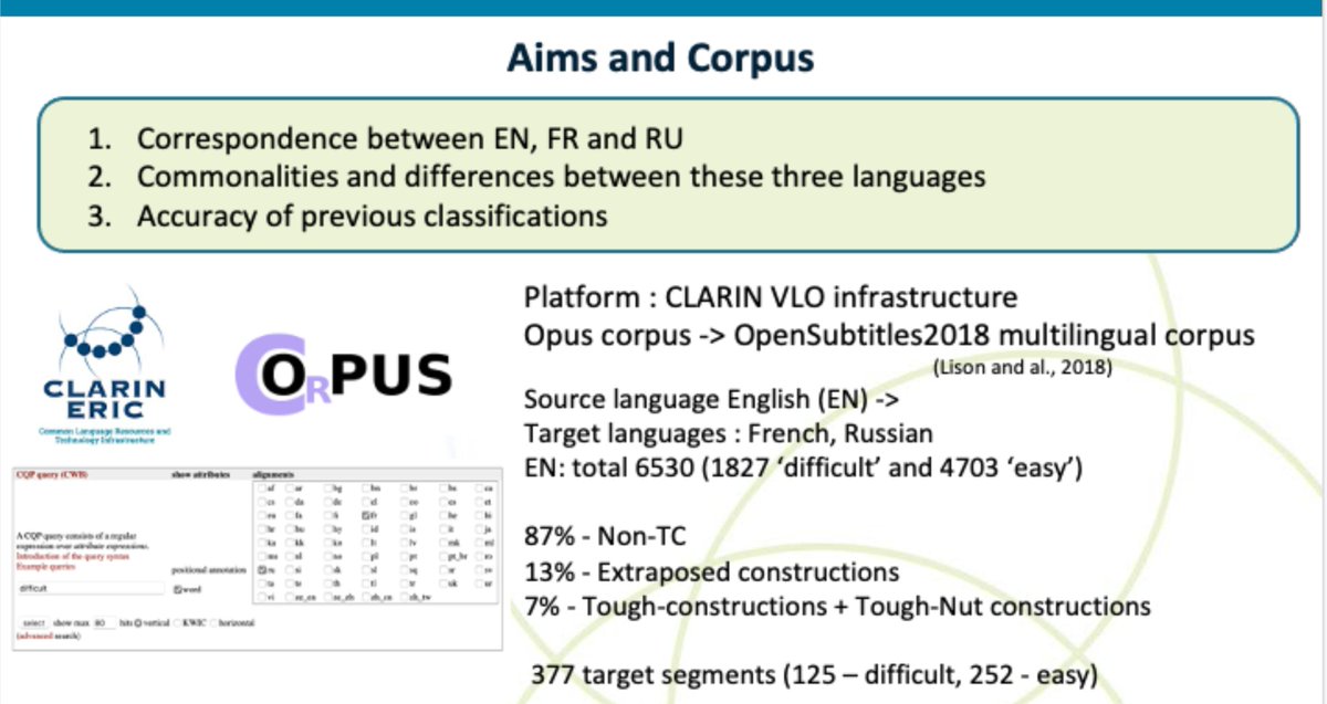 CLARINERIC's tweet photo. #CLARIN2021 PhD Student Session

Revisiting the typology of Tough constructions with CLARIN VLO and parallel English-French-Russian corpora @univ_lille #dh #CORLI @Huma_Num @ATsikulina @EvaSoroli https://t.co/0wal2kajei