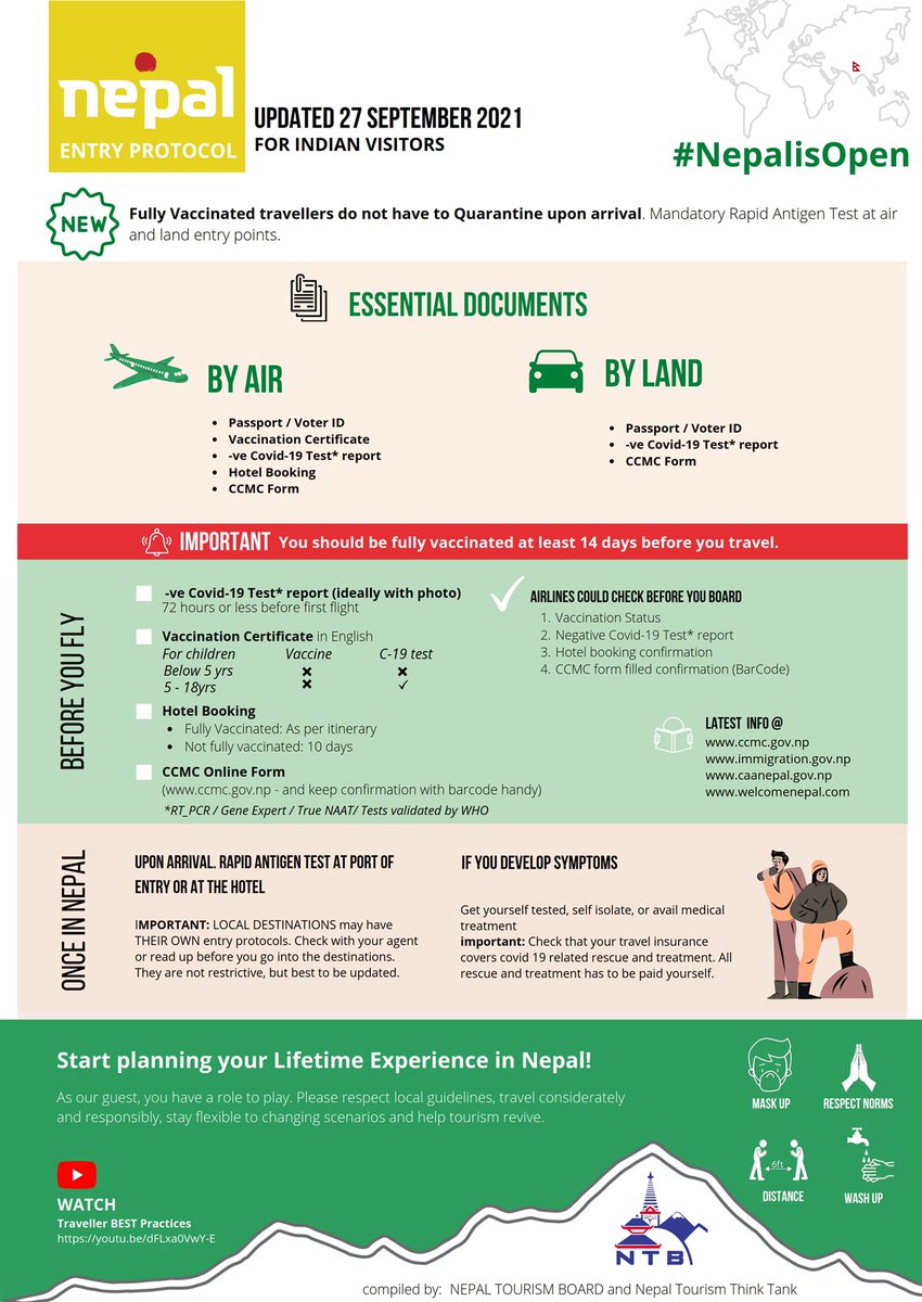 NTB is delighted to announce that the wait is finally over and Nepal is open to those who wish to visit. Here’s the official updated travel protocol for both International and Indian Visitors. 

#NepalNOW #LifetimeExperiences #NepalAwaits #September2021 #NepalisOpen