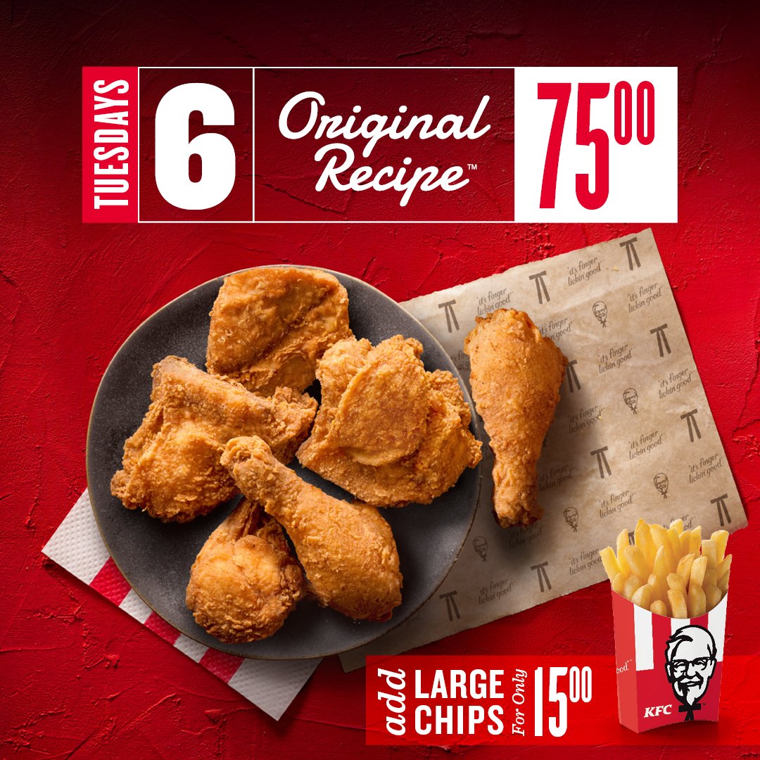 KFCNamibia's tweet photo. TUESDAY only! Get the 6 For 75 with 6 pieces of Original recipe chicken for N$75! #KFCNamibia https://t.co/9gzx5RMB36