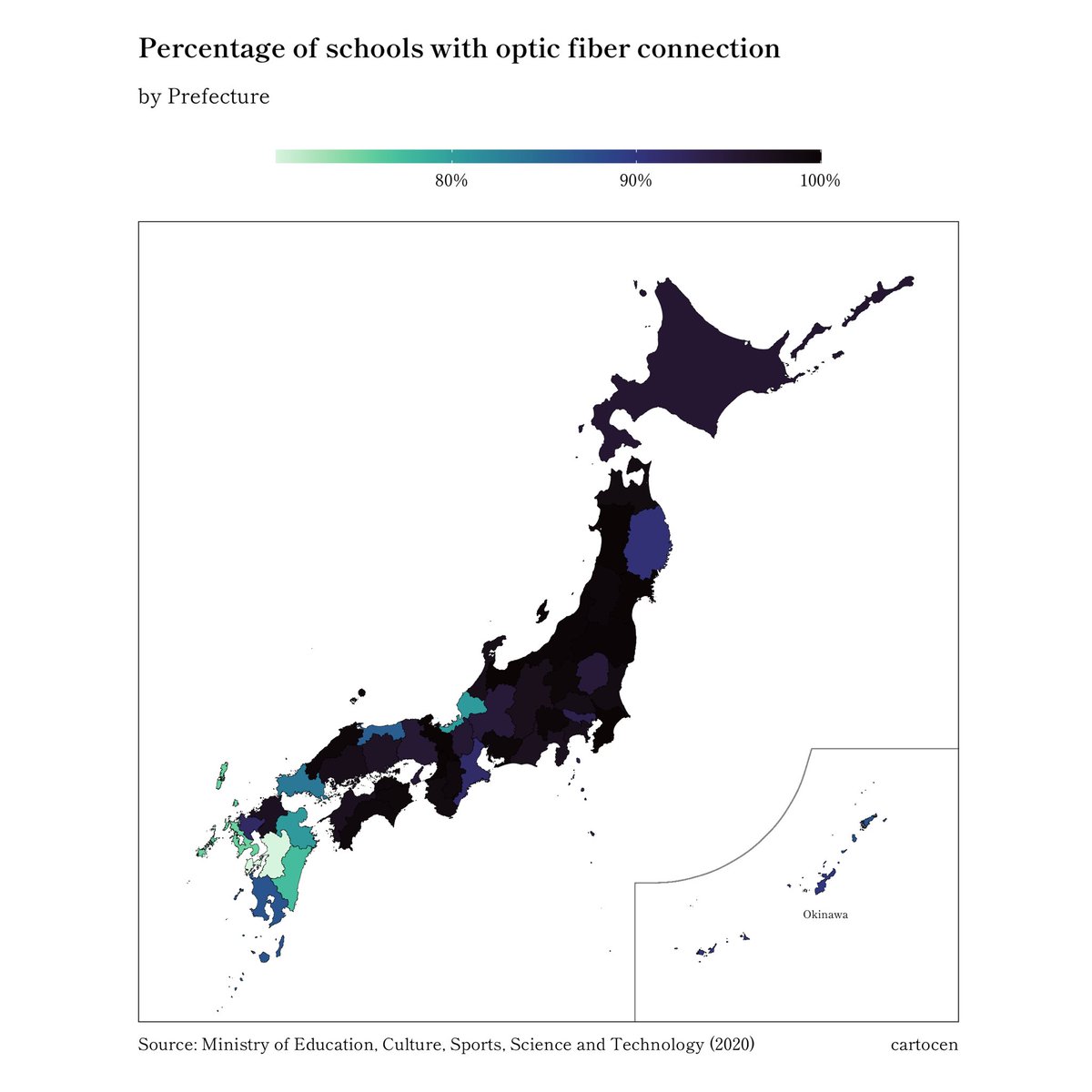 cartocen's tweet photo. Percentage of schools with optic fiber internet connection in each prefecture. 

#maps #DataViz #DataScience #rstats #地図 #地理 https://t.co/ZBRSEbc5L5