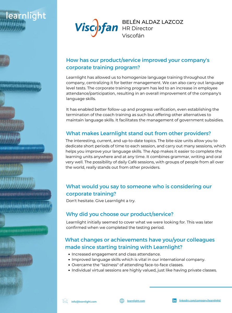 learnlight's tweet photo. 💥 It's client testimonial time. Here are some of the things that Viscofan loved about Learnlight's language training programs.
#edtech #hrinsight #corporatetraining #languagelearning #elearnig https://t.co/DfZ6tmbc8p