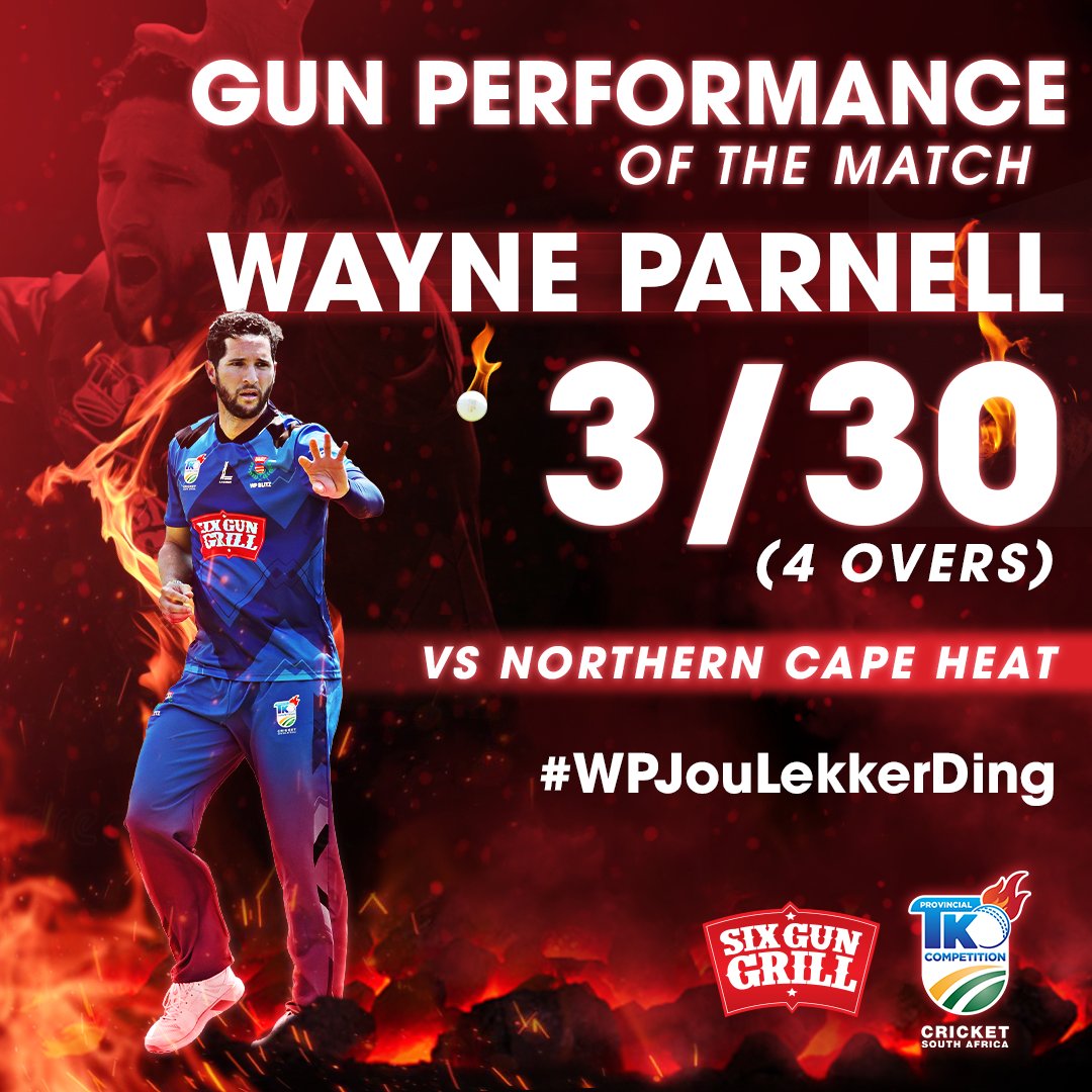 WP_Blitz's tweet image. Six Gun Grill WP Captain @WayneParnell stepped up with a Gun Performance with the ball when his team needed it most against the Northern Cape Heat, those three early wickets were crucial 🔥🔥🔥 #GunPerformance #wpjoulekkerding