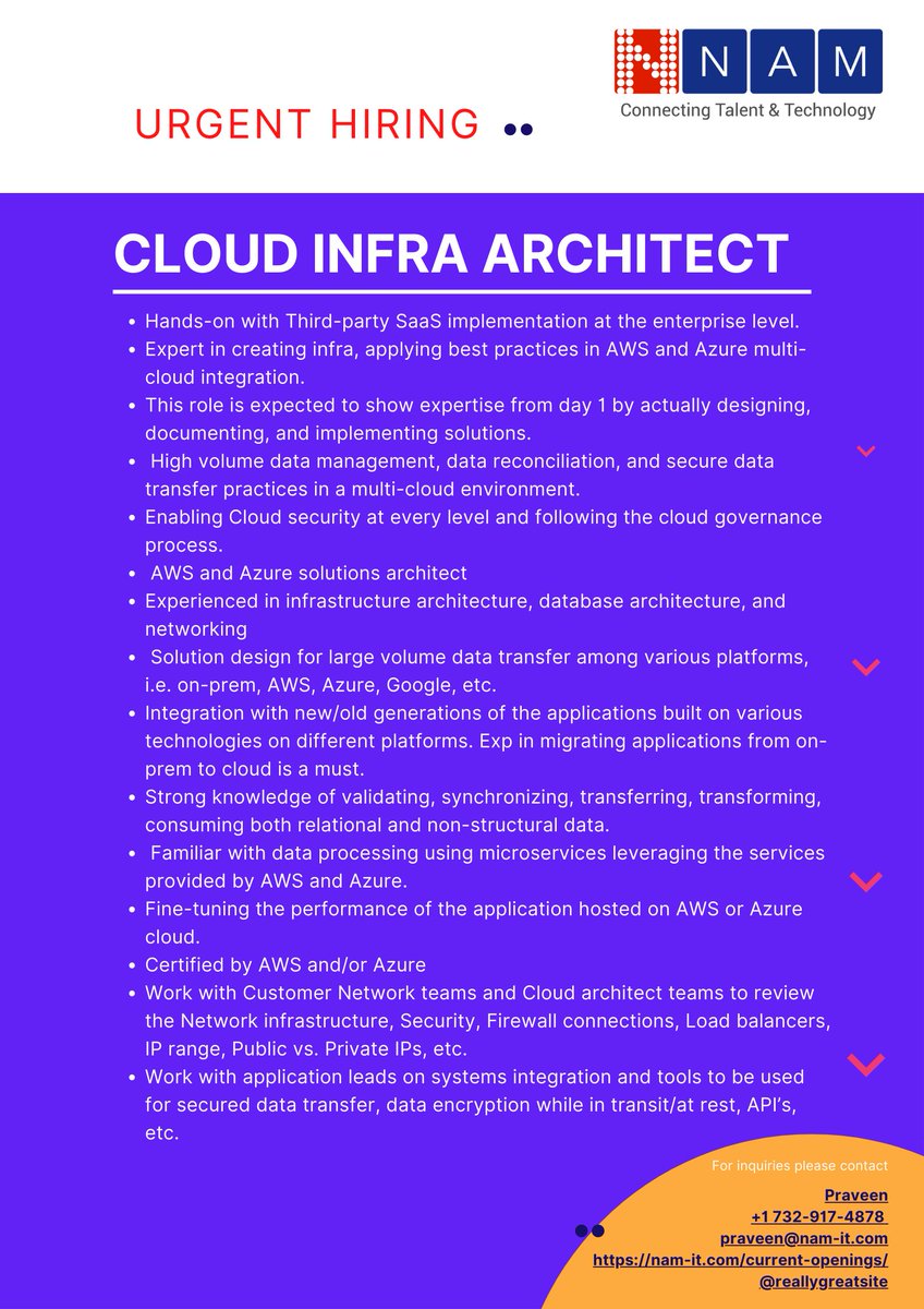 NAMINFO's tweet photo. Urgent hiring: Cloud Infra Architect
Loc: NJ/NY/ Remote
Type: 6+ M
Exp: 9+ yrs
Interested please share ur updated resume with Praveen
+1 732-917-4878 / praveen@nam-it.com
#cloudcomputing #cloudinfrastructure #cloudarchitect #saasjobs #cloudjobs #infrastructurearchitect #nyjobs https://t.co/AQ8IsmlrmW