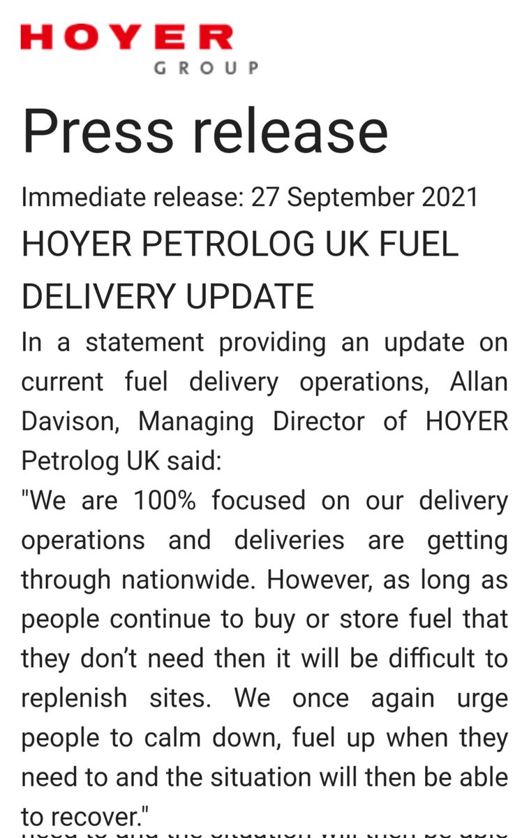 Press release just in from Hoyer on fuel deliveries, please share. Post it on the local village Facebook groups, stuff like that, places where the panic merchants congregate. 

Ps does E10 store well in plastic cans long term? Genuine question...