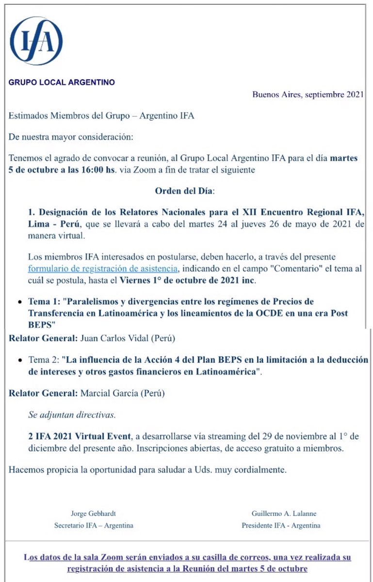El Presidente del Grupo IFA-Argentina, Guillermo A Lalanne y el secretario del mismo, Jorge Gebhardt, convocan a reunión al Grupo Local Argentino IFA.

🗓05/10, 16 hs.
👩🏻‍💻👨🏻‍💻Zoom
🖋Inscripción y postulaciones: bit.ly/3zJLgdE

Orden del día ⬇️