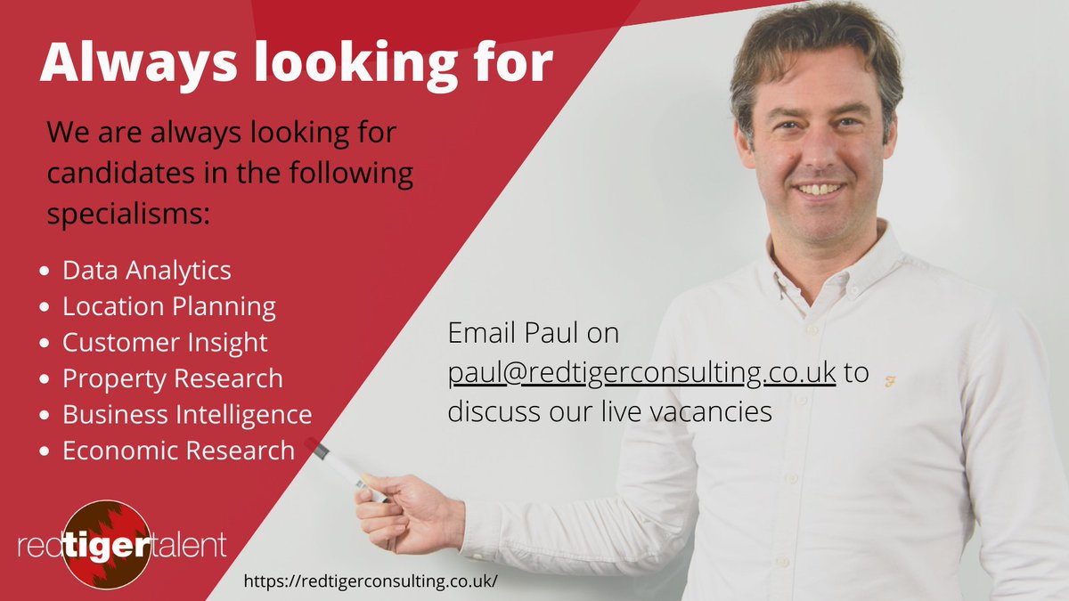 We're always looking for candidates in #dataanalysis #locationplanning #propertyresearch #businessintelligence #economicresearch #customerinsight  If you'd like to discuss your options, contact @paul_halsall paul@redtigerconsulting.co.uk 
redtigerconsulting.co.uk
@halsally