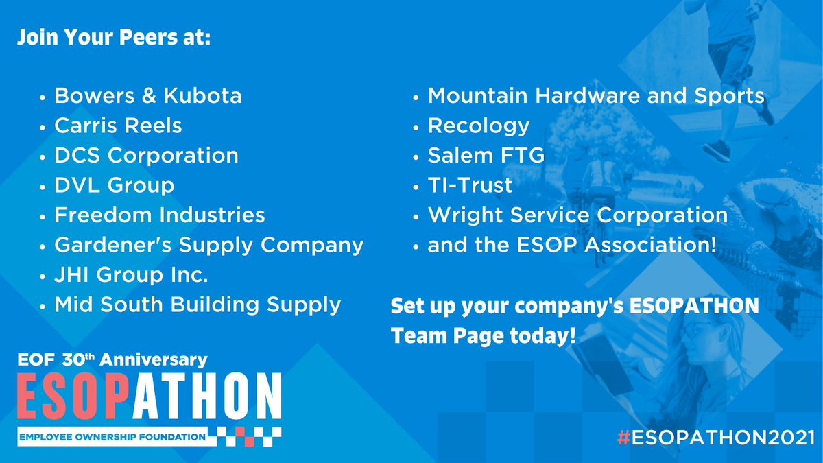 #ESOPATHON2021 starts this Friday. Get your team page set up today! Together we can make a huge impact on the future of #EmployeeOwnership (and have a lot a of fun in the process). employeeownershipfoundation.org #ESOPChallenge