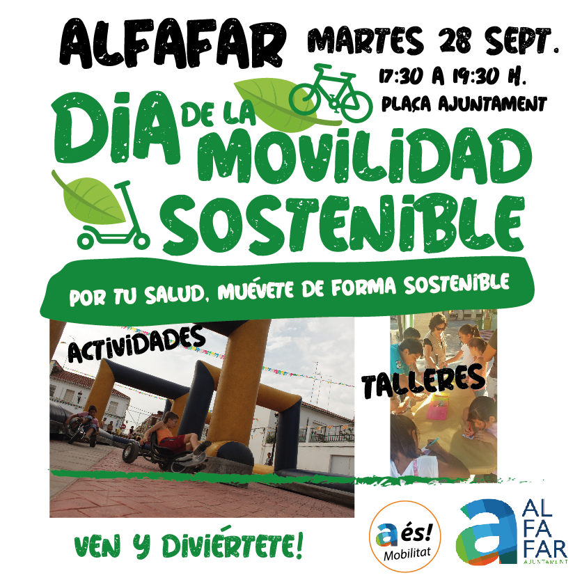 🚲  Día de la movilidad sostenible 🚲 
¡Ha llegado el día!
Esta tarde realizaremos las actividades del Día de la movilidad sostenible.
🗓 A partir de las 17:30 en la 📍plaza del Ayuntamiento.
👍 Por tu salud, ¡muévete de forma sostenible!

#AlfafarÉsMobilitat
