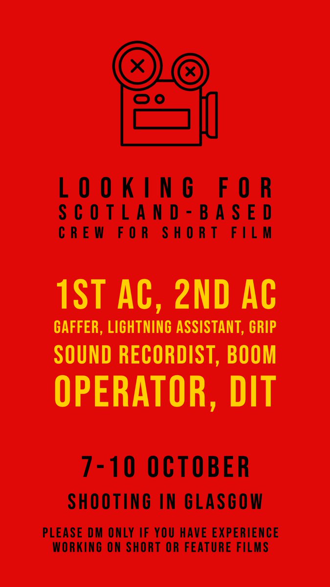 🎥CREW CALL!🎥
Looking for #Scotland based crew to work with me and <a href="/MoyoAkande/">Moyo Akandé</a> on a #shortfilm commissioned by <a href="/bfinetwork/">BFI NETWORK</a> &amp; @shortcircscot 
7th - 10th Oct. in Glasgow. 
Please DM me! 🙏🏾

#filmcrew #scottishfilm #FilmJobs #crewcall #filmproduction