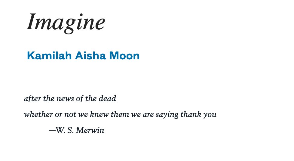 explorechat's tweet image. "They are left to imagine 
what (her) life might have been.
We are left to imagine the day
it won't require imagination 
to care about all of the others."

Here is one of kam's numerous perfect poems: poets.org/poem/imagine