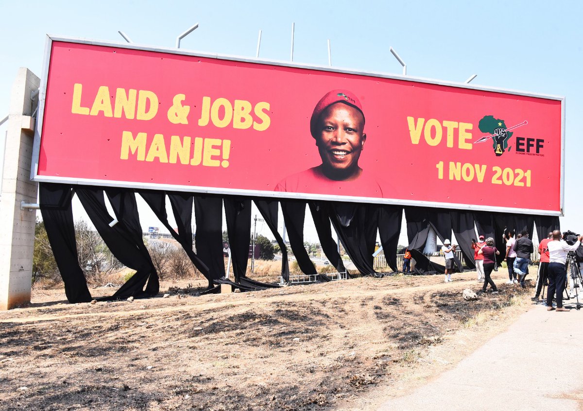 EFFSouthAfrica's tweet photo. Fighters and people of South Africa,  yesterday we officially launched the campaign and the 2021 Elections manifesto of the EFF. 

It is through our Manifesto that the EFF will ascend to power.

Our demand is clear, we want #LandAndJobsManje #VoteEFF https://t.co/nSimycEnZK