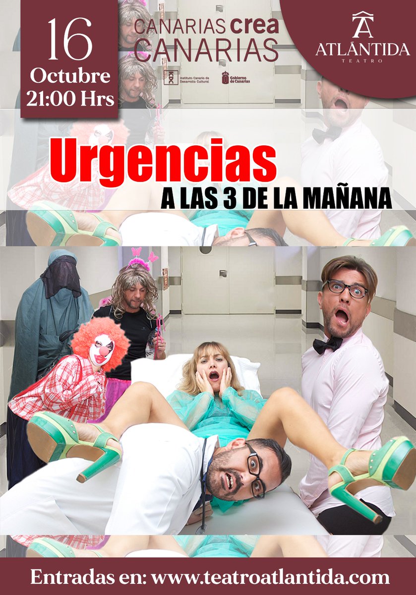 FUSSIONTEATRO's tweet photo. 🔴🔴 ATENCIÓN #LANZAROTE 🔴🔴

🎭🎭🎭 El próximo 16 de octubre, a las 21 horas, las urgencias más alocadas de Canarias llega al Teatro Atlántida de Arrecife.
🎟️ Las entradas ya están disponibles en el siguiente enlace:
https://t.co/f4eNeGtf44

#teatro #comedia #arrecife #Cultura https://t.co/EWp4pnIAgT