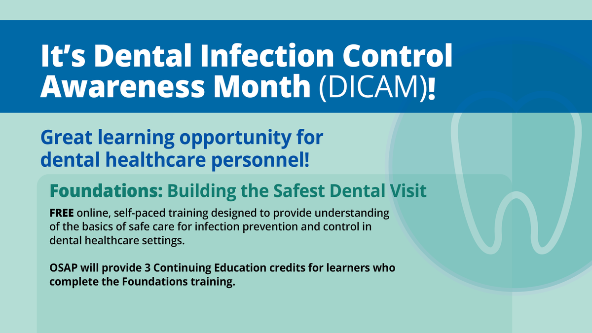 NACHC's tweet photo. Tooth be told, we want to help you keep your patients safe...September is Dental Infection Control Awareness Month. The CDC just released a new training resource, Foundations: Building the Safest Dental Visit, and we have a filling you’ll learn a lot. 🧠🦷
#DICAM #Dentists #Teeth https://t.co/hXKAModvQb