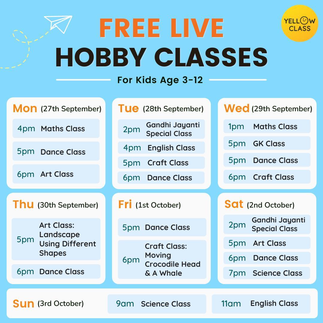 thespeakx's tweet photo. Schedule for this week (27 September to 3 October 2021) Free Daily Workshops for kids
Enroll now - https://t.co/Jk2nFfFiNp
#yellowclass #theyellowclass #kidsactivities #danceclass #artclass #learntoexplore #funlearning #kidartist #knowledgeforkids https://t.co/Xxx7krCwh4