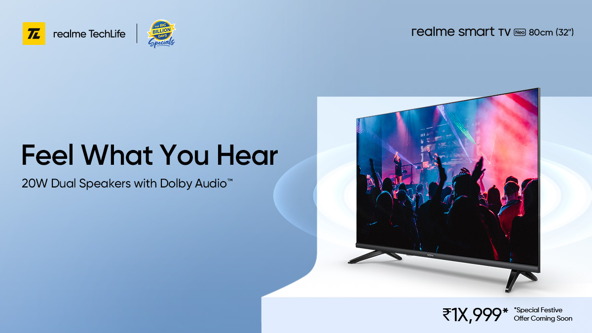 realmenarzoIN's tweet photo. Bring your entertainment to life with the #realmeSmartTVNeo.
Its 20W Dual Speakers with Dolby Audio™, deliver vivid & powerful sound for that cinematic feel!
#SmarterIsBetter
First Sale at 12 PM, 3rd October on https://t.co/n3vAbwuqXx and @Flipkart.
https://t.co/ptHRxtsjhA https://t.co/47mXLjwCUI