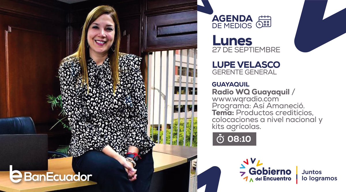 🎙Te invitamos a sintonizar la entrevista que tendrá <a href="/LupeVelascoW1/">LupeVelascoWiesner</a>, gerente general de BanEcuador, en <a href="/WQRadio_EC/">WQ RADIO</a>. 

#YoFomento
#JuntosLoLogramos
