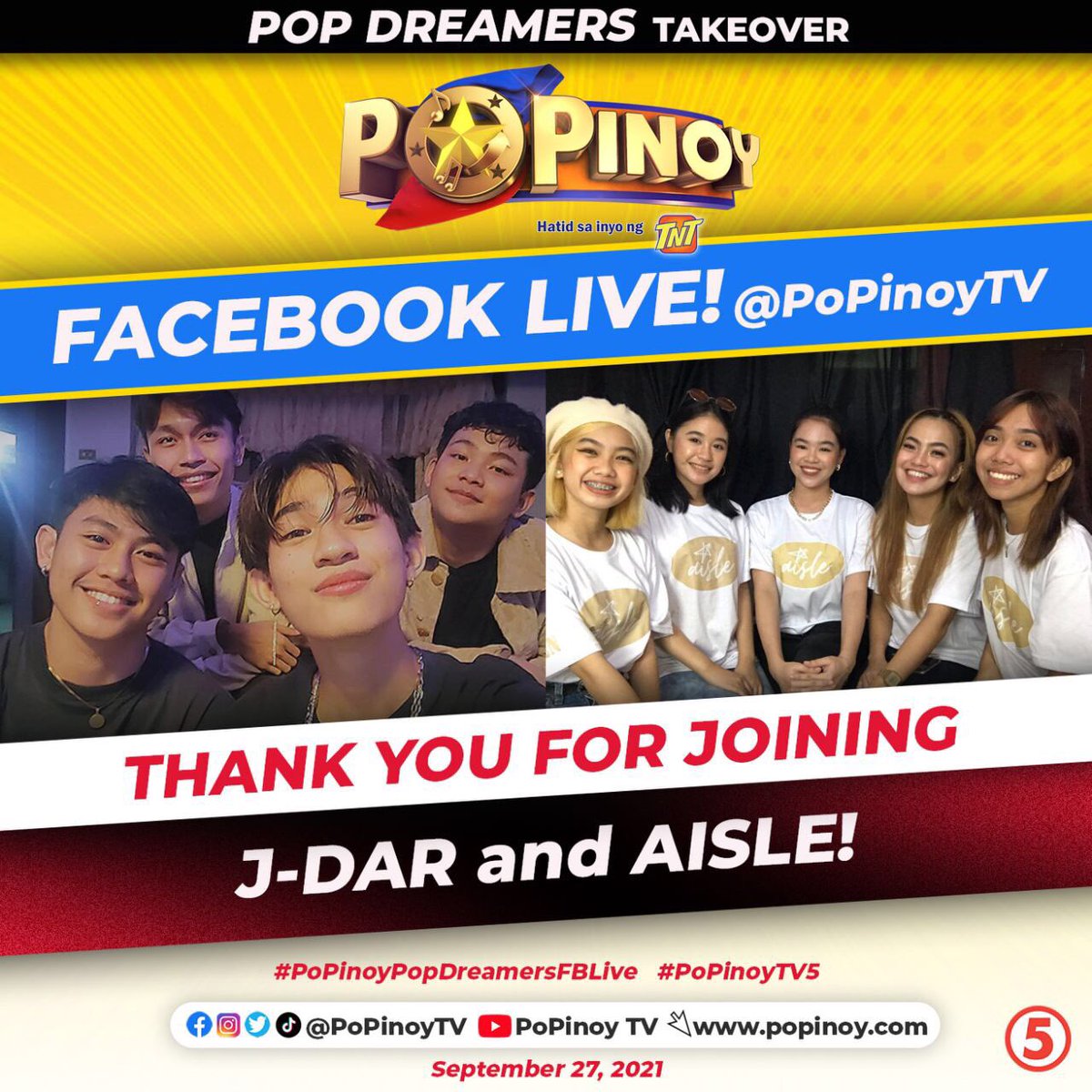 THANK YOU sa pakikipagkulitan with Magic Pop 6 Dreamers J-DAR and Aisle sa kanilang FB Live! Anong groups ang gusto niyong mapanood sa susunod na livestream? 

#PoPinoyPopDreamersFBLive #PoPinoyTV5 #TNTPoPinoy #IBAsa5 #JDAR #Aisle