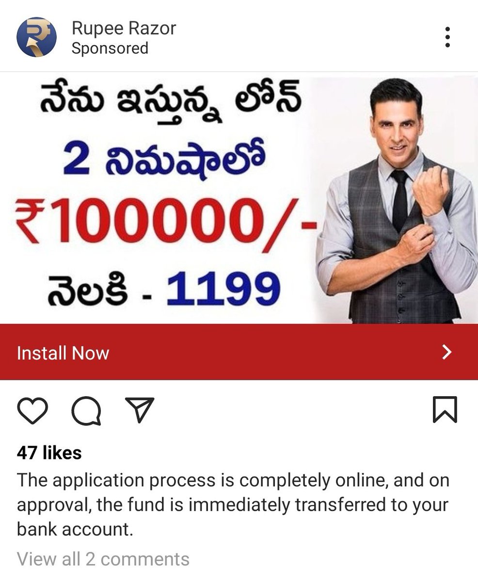 WorkybeeSai's tweet photo. @akshaykumar Do you really lend to people? This is a little strange to hear. 

"The loan I am giving is 100000 in two minutes." Translated from this Telugu ad.

#RupeeRazor #AkshayKumar #AkshayKumarFans https://t.co/LQ5ZT6Q5i2