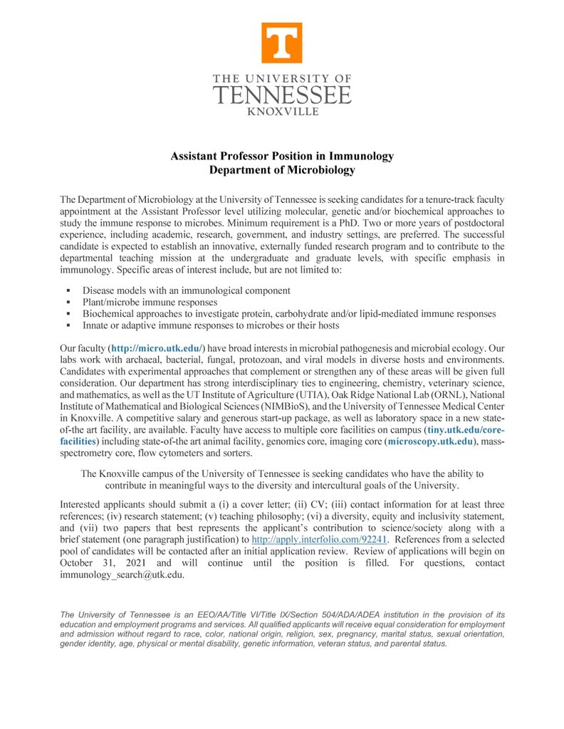 UTKMicrobiology's tweet photo. We are hiring an Assistant Professor in immunology! Come join the Department of Microbiology at the University of Tennessee - Knoxville. Apply today! https://t.co/5hqMgwkUeV
