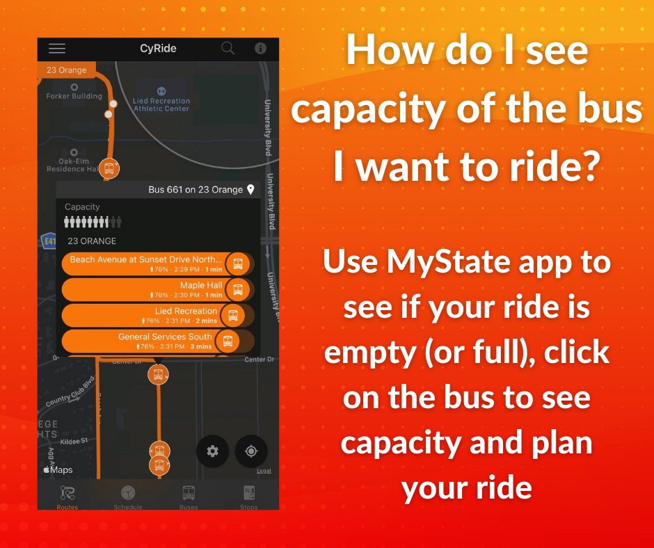 CyRide's tweet photo. Don't forget to check the MyState app to help plan your ride. Or go old school by just riding at an off time to avoid the rush. #cyride #iowastate #ridethebus https://t.co/B3ZFtP04LK