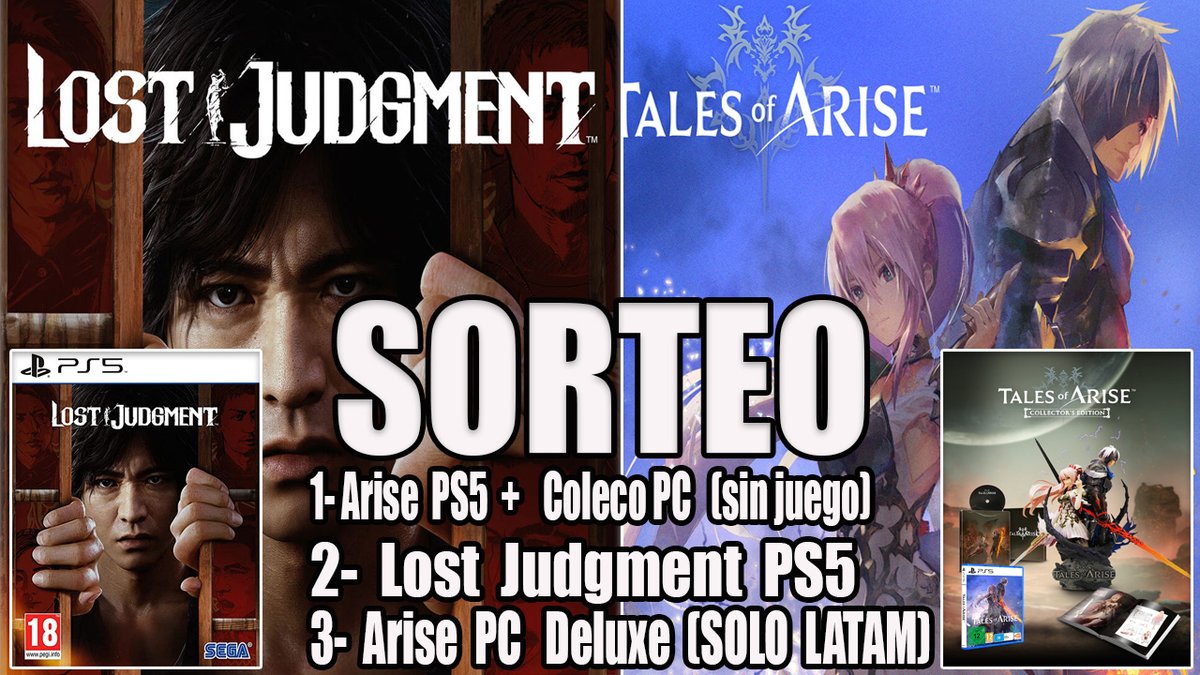 Tweet del Sorteo de #TalesofArise  y #LostJudgment 
✅Fecha límite para participar 04/10/21
✅Sorteo Mundial (Premio 3)
✅Posible escoger Xbox en lugar de PS5
❌No cuenta sorteo (se pide algo de dignidad, sabéis)

Para participar SOLO:
🔁 Retweet  💟 Me gusta