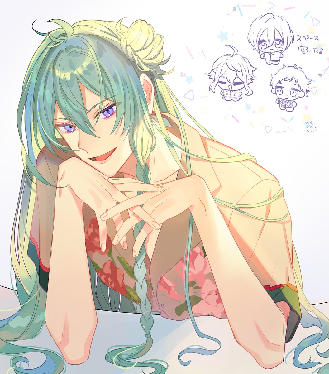 green hair purple eyes shirt braid long hair hawaiian shirt hair bun  illustration images