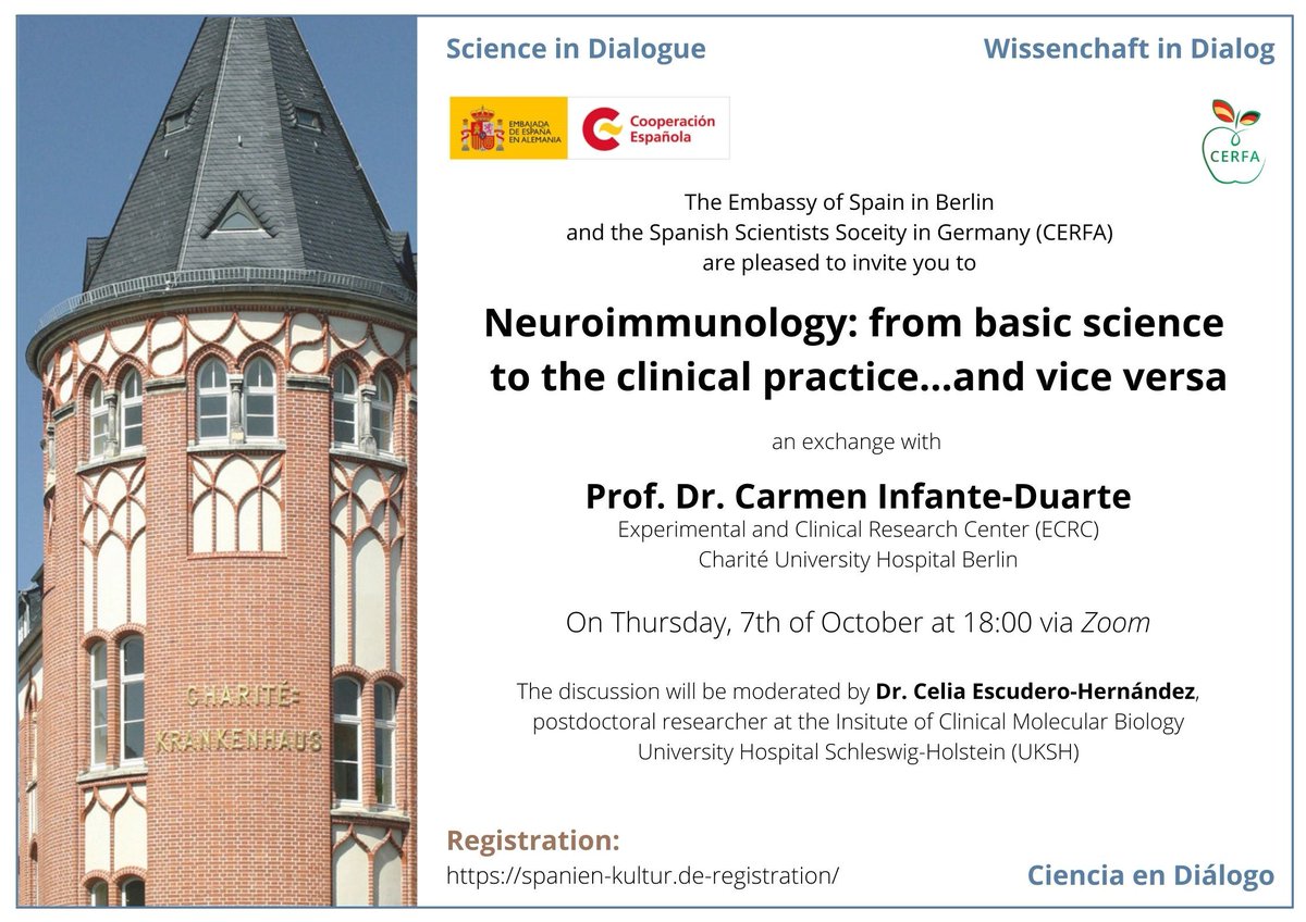 ¿Queréis ampliar vuestra visión sobre la Neuroinmunología? En la próxima edición de los Diálogos Científicos, contaremos con la Prof. Dr. Carmen Infante que nos hablará tanto de la parte científica como de la clínica. No os lo perdáis!
Info y registro: spanien-kultur.de/registration/