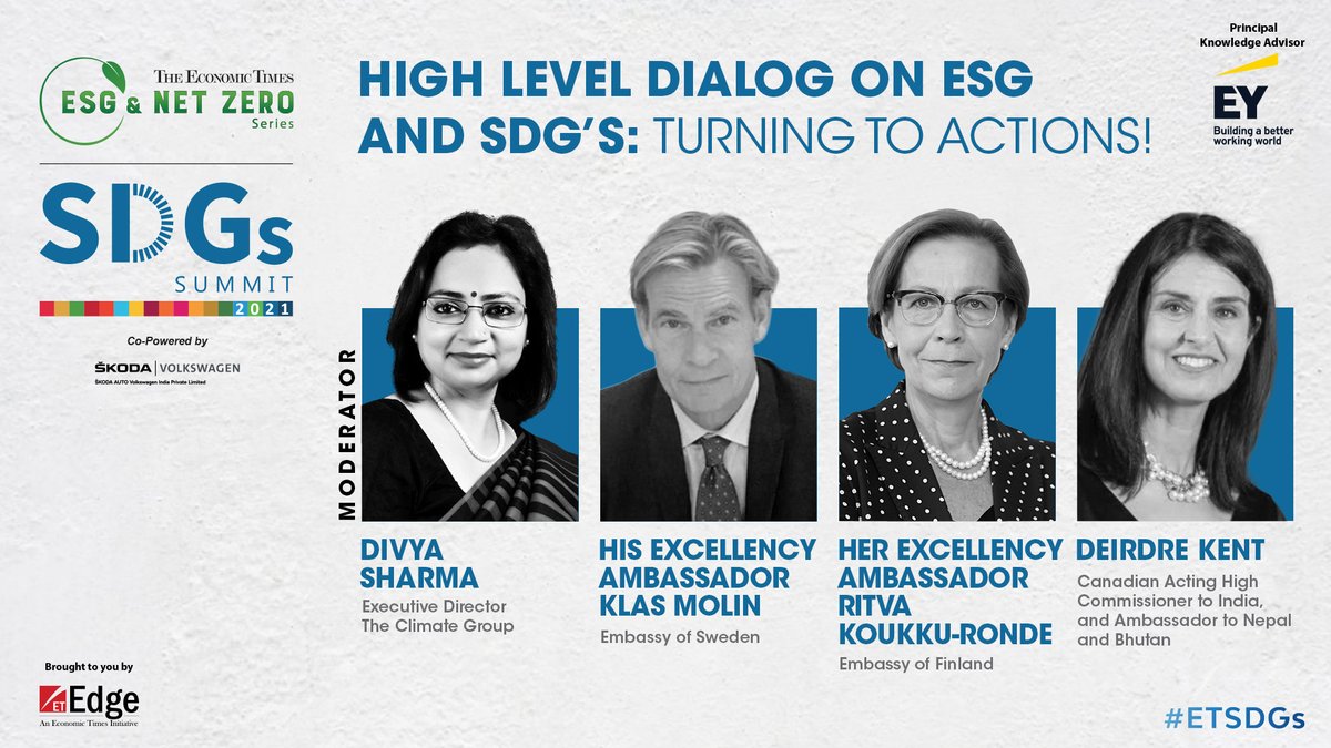 ET_Edge's tweet photo. #ETUnWired | #ETSDGs | We are elated to have our speakers and moderator for a session on “High-Level Dialog on ESG and SDG’s: Turning to Actions!” at the 3rd Edition of The Economic Times SDGs Summit co-powered by ŠKODA AUTO Volkswagen India on September 28, 2021. https://t.co/VLbDXUgezf