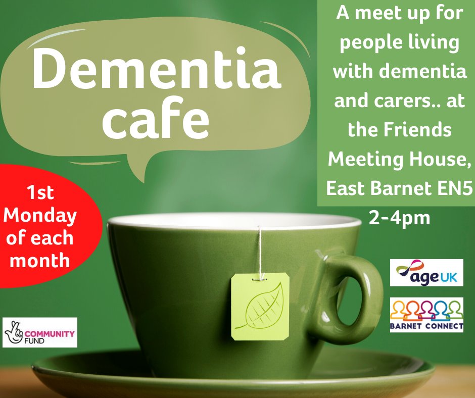 ageukbarnet's tweet photo. Our new Dementia Cafe for people living with dementia and their carers is starting on Monday 4 October and on the first Monday of every month 2-4pm. Support, advice, refreshments...
Takes place at the Friends Meeting House, #NewBarnet #EN5.
All info here: https://t.co/8oxnJLNT9Z https://t.co/TCKZyIWMCy