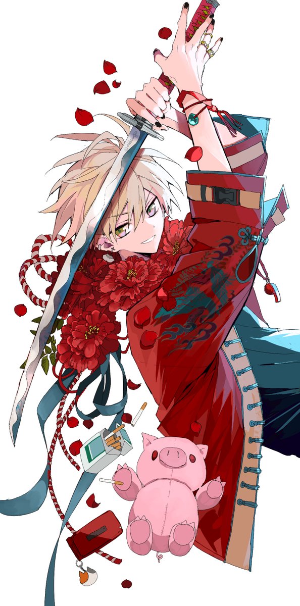 weapon sword 1boy male focus flower solo holding  illustration images