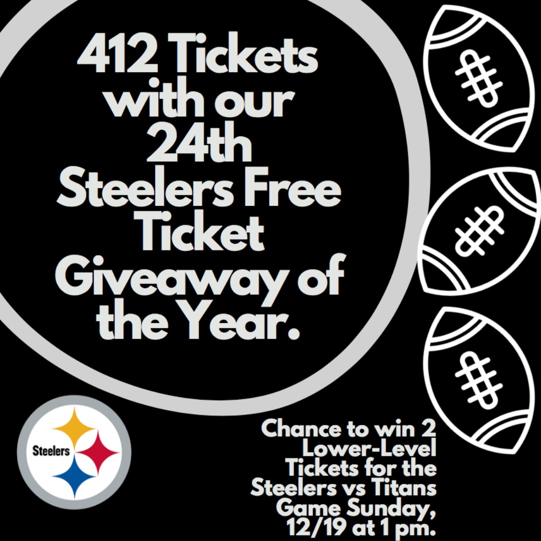 #SteelersTwitter, Now is your chance to win our 24th #SteelersFreeTicketGiveaway.
2 Free Lower-Level Tickets.
#Steelers vs #Titans Sun. 12/19 1pm
Giveaway Starts Now until Tue. 9/28 @ 11:59 pm
To Enter: Follow, Retweet &amp; Tag 4 or More Friends
Winner must Agree Not to Resale Tix