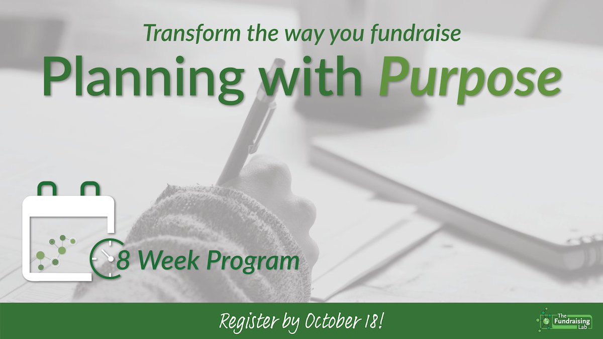 We're so excited to announce that PLANNING WITH PURPOSE starts on Oct 18!

In this program led by <a href="/CathyJMann/">Cathy Mann, MA, CFRE</a> you'll learn to create, communicate and carry out a #fundraisingplan that will increase the impact AND save you time. 

Register at fundraisinglab.ca/planningwithpu…