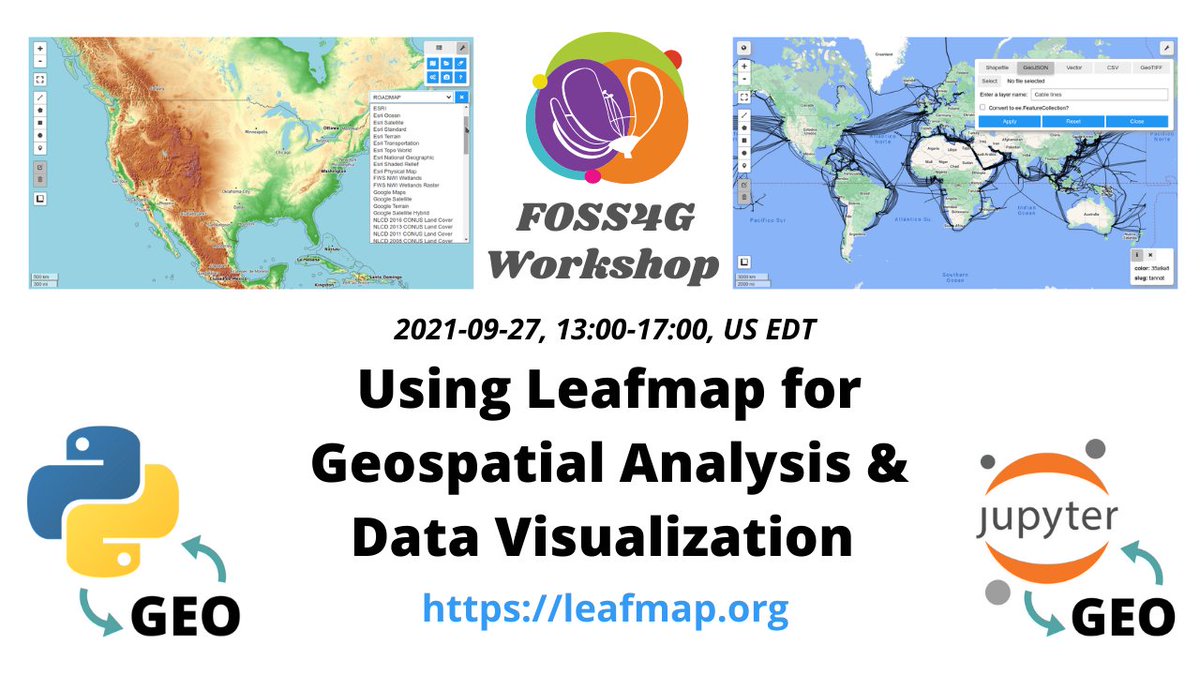giswqs's tweet photo. The 4-hour #leafmap workshop at #foss4g2021 is happening 1-5 PM US EDT today. Check out the #Jupyter notebook 👇

Notebook: https://t.co/Wj1otrq51d
GitHub: https://t.co/jYERGdLVqJ

@foss4g #geospatial #geopython #jupyter #ipyleaflet #folium #keplergl #WhiteboxTools #gischat https://t.co/WkS4r920af